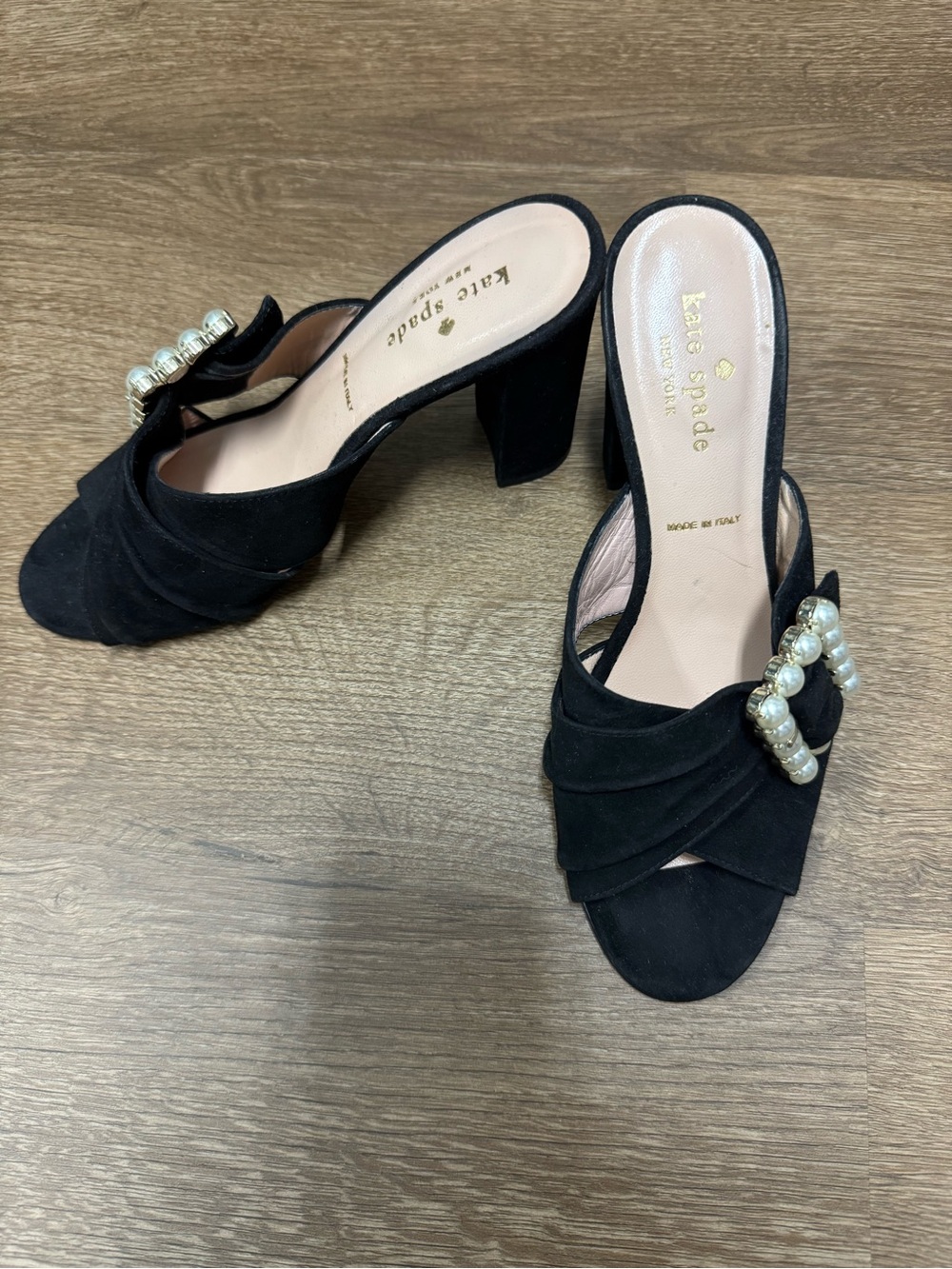 kate spade Black Suede Pearl-Embellished Open-Toe Mule Heels